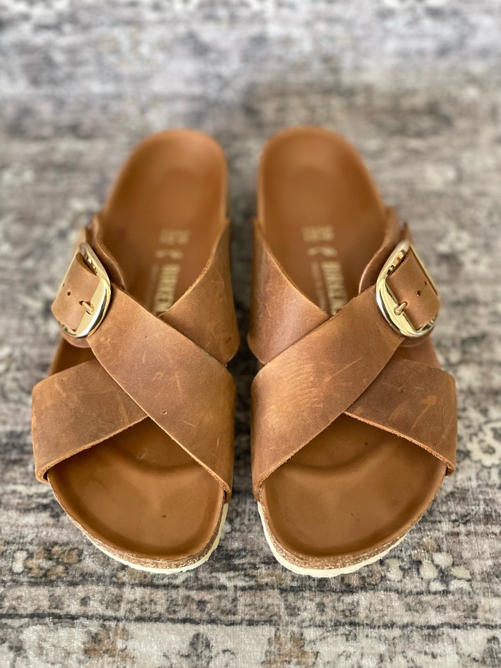 Birkenstock Big Buckle Sienna Cognac Brown Leather Gold Size 39 - Picture 2 of 9